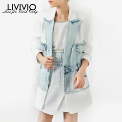 [LIVIVIO] рваные джинсовые Лоскутные Блейзер длинный рукав зазубренный воротник куртка Женское пальто уличная 2019 Осенняя модная одежда