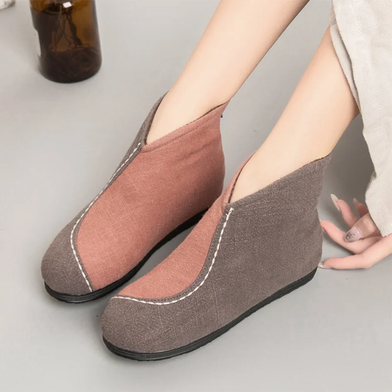 

Women's Winter Warm Fur Ankle Boots Ladies Flock Patchwork Boots Female Slip On Sewing Cusual Woman Flat Platform Shoes
