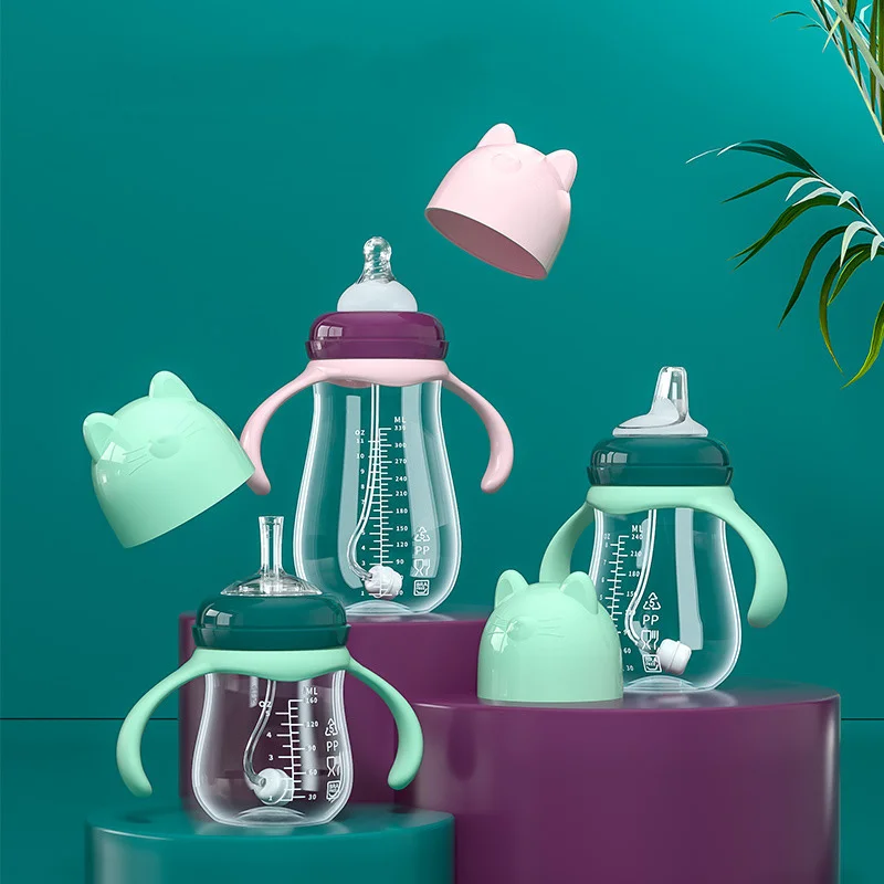 Baby Milk Bottles With Grip Wide Caliber Kids Feeding Bottles Anti-Choke Gravity Ball Silicone Nipple Baby Water Drinking Bottle