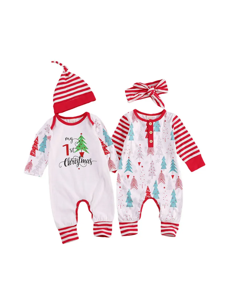

Baby Christmas Fall Round Collar Tree Stripes Printed Crotch Buttons Loose Romper Long-Sleeved 6-24Month Jumpsuit Kids Clothes