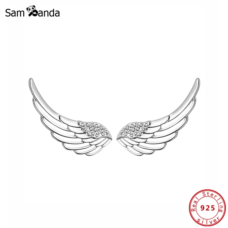 Аутентичные 925 пробы серебряные серьги-гвоздики Крылья Ангела Brincos прозрачные CZ перья серьги пирсинг для ушей женские модные ювелирные изделия