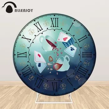

Allenjoy Tea Party Background Photo Shoot Studio Wallpaper Clock Poker Alice Wonderland Birthday Photography Round Backdrop