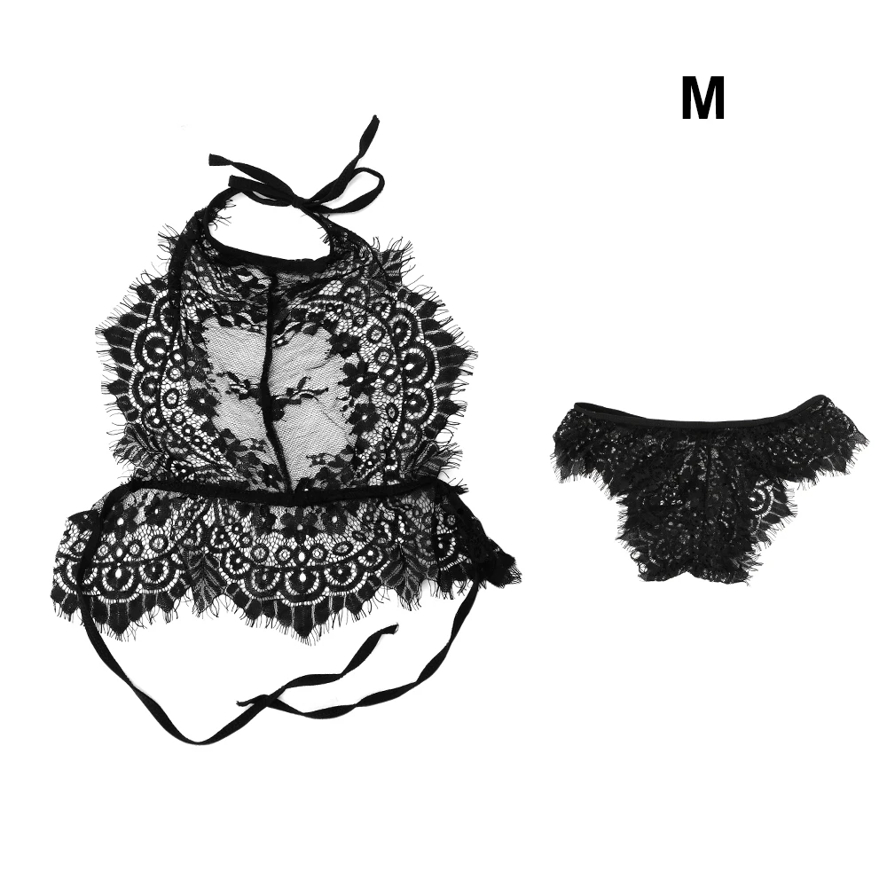 IKOKY сексуальное прозрачное женское белье женское нижнее белье, бюстгальтер+ стринги Комплект эротического белья костюмы Кружева Секс игрушки для женщин - Цвет: Black M