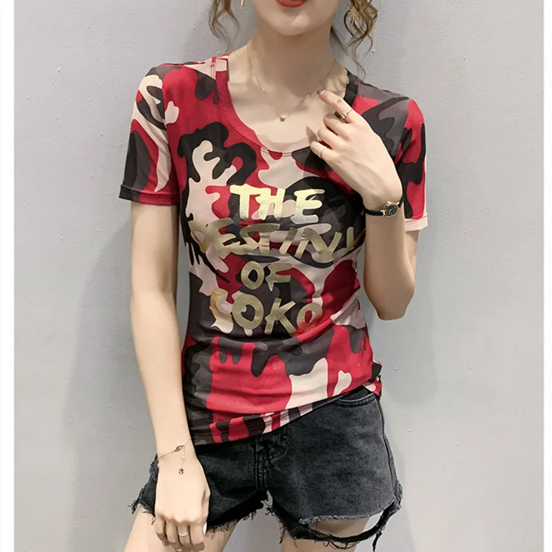 

GGRIGHT Summer print Tops Tees Woman Funny yarn bronzing Letter T Shirt Women Camouflage O-Neck Cotton T-Shirt Femme 2020 New