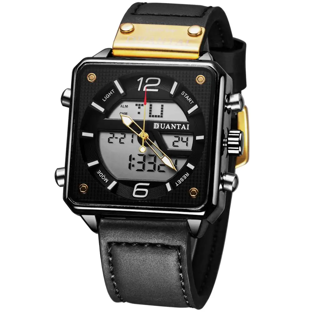 Мужские часы DUANTAI, новая мода, двойной дисплей, квадратные часы, мужские многофункциональные, водонепроницаемый, светодиодный, цифровые часы, мужские спортивные часы, часы для мужчин