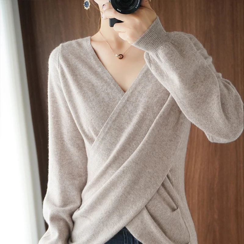 100% Pure Wool Ladies Cashmere Sweater Fashion V
