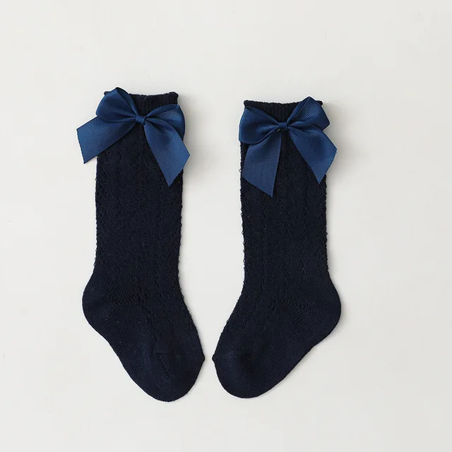 0-7 Years Summer Kids Socks With Bow Baby Girls Long Sock Knee High Cotton Hollow Out Toddlers Socks Mesh Children Princess Sock Dark Blue
