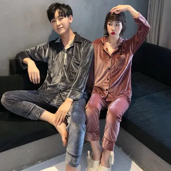 

M-5XL plus size Woman Man Autumn Winter Pajamas Set Couple Sleepwear Gold Velvet Pyjama Pijama Lover Night Suit Men & Women
