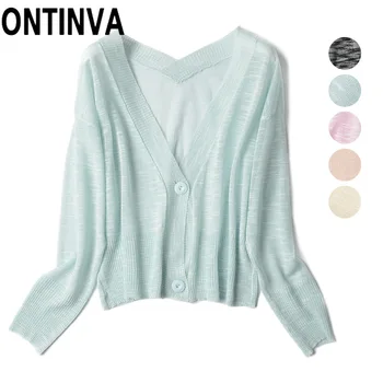 

Female Summer Autumn Thin Knitwear Beige Cardigan Purple Black Office Ladies Tops Outwear with Button V Neck Sweater Jumper