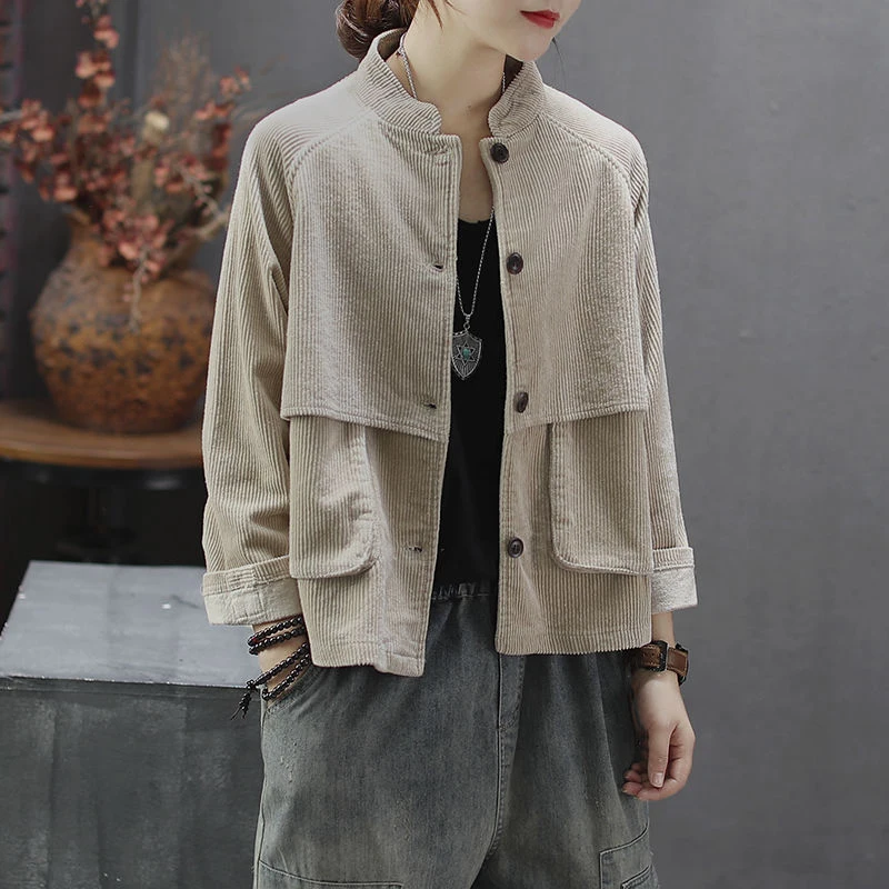 Новое поступление осенний стиль искусства женские куртки с длинным рукавом и стоячим воротником двойной карман свободные вельветовые винтажные повседневные пальто D410