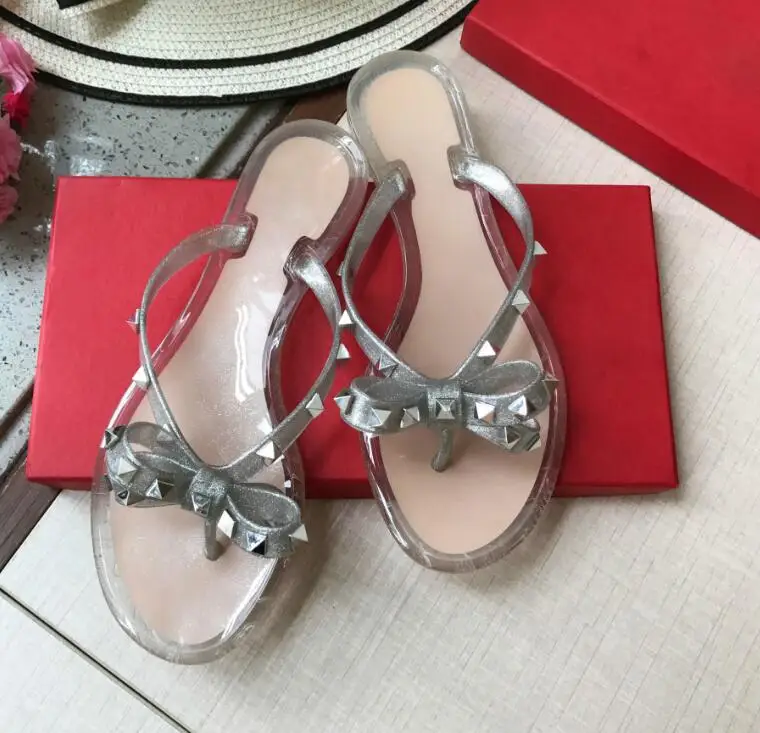 Summer Beach Sandals Woman Flip Flops PVC Slides Female Sandals Rivet Bowknot Slip on Flat with Women Studs Slippers Jelly Shoes