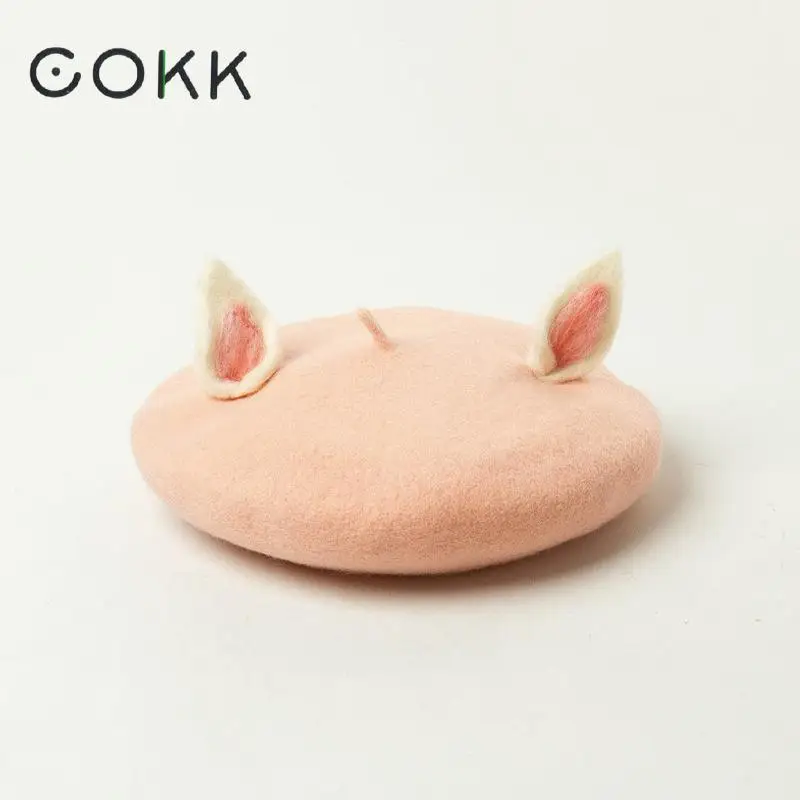 

COKK New Winter Beret Women Hat With Cute Ear Pink Beret Painter Cap Vintage Bonnet Gorras Ladies Hat Female Boina