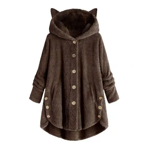 Coffee Cute Women Winter Cute Cats Ears Hooded Irregular Hem Buttons Jacket Fleece Coats Outerwear Women chaqueta mujer - Цвет: Coffee