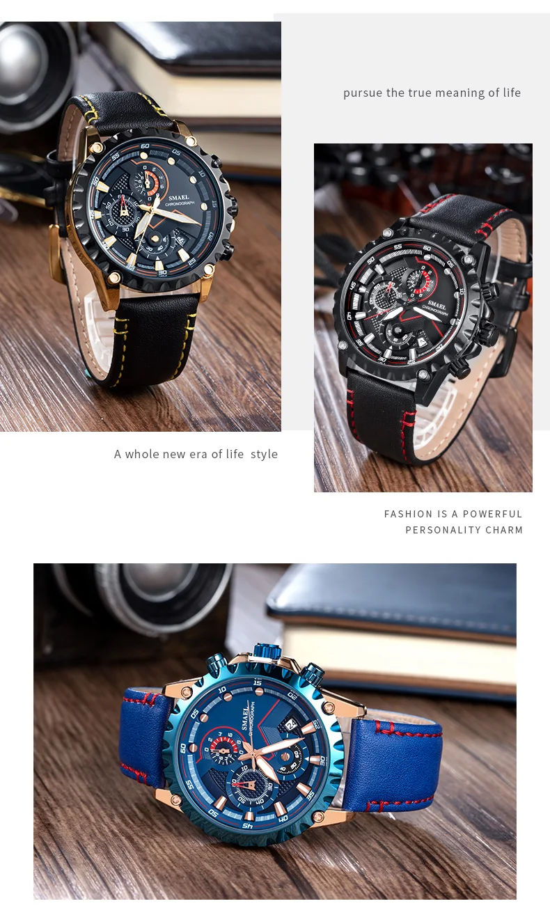 Relogio Masculino SMAEL мужские часы модные водонепроницаемые хронограф Топ брендовые Роскошные Кварцевые часы мужские повседневные спортивные часы с кожаным ремешком
