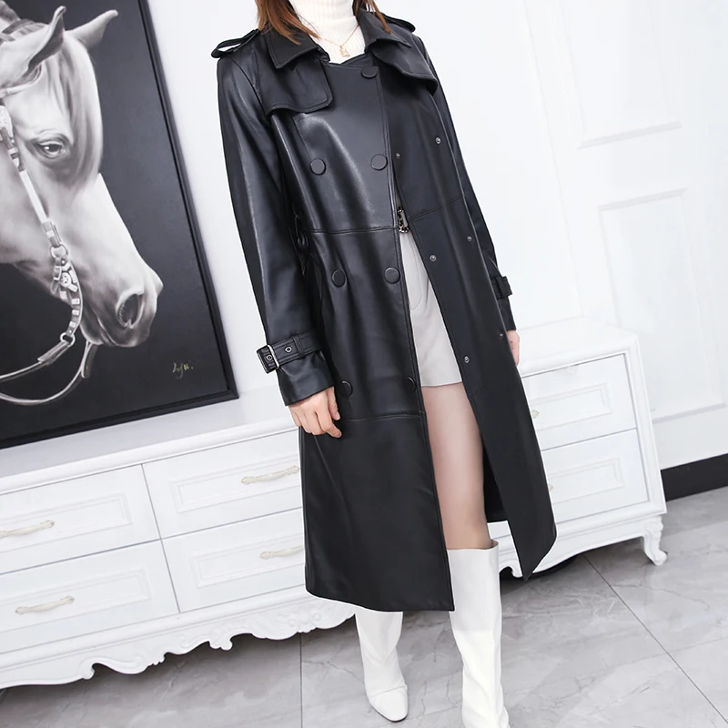여성용 가죽 코트, 더블 브레스트 양가죽 빅 포켓 벨트, 슬림 윈드 브레이커 재킷, 최고 품질, 베이지, 스타일리시 로파