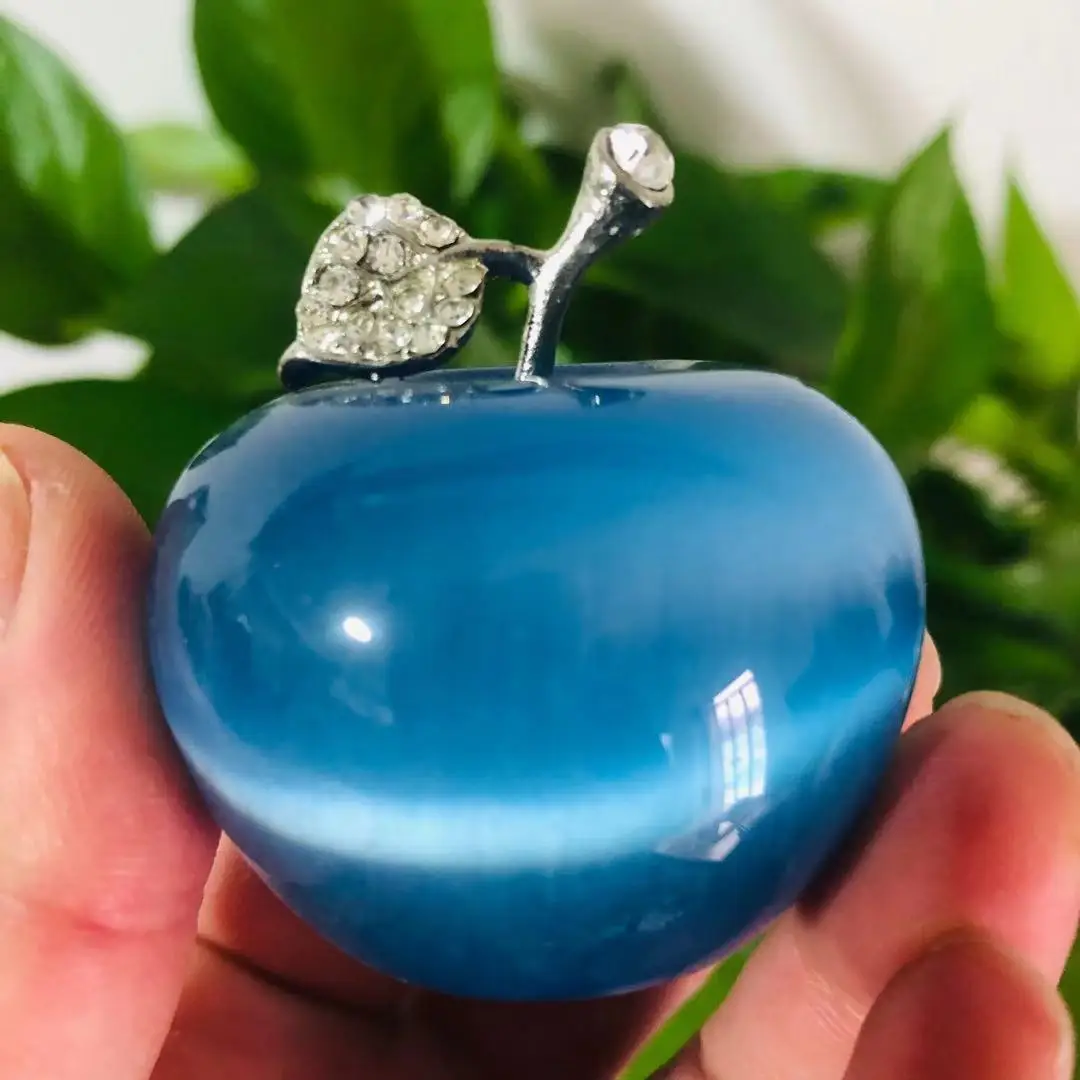 1pc Natural Blue Cat Eye Quartz Stone Carvings Crystal Apple Sculpture