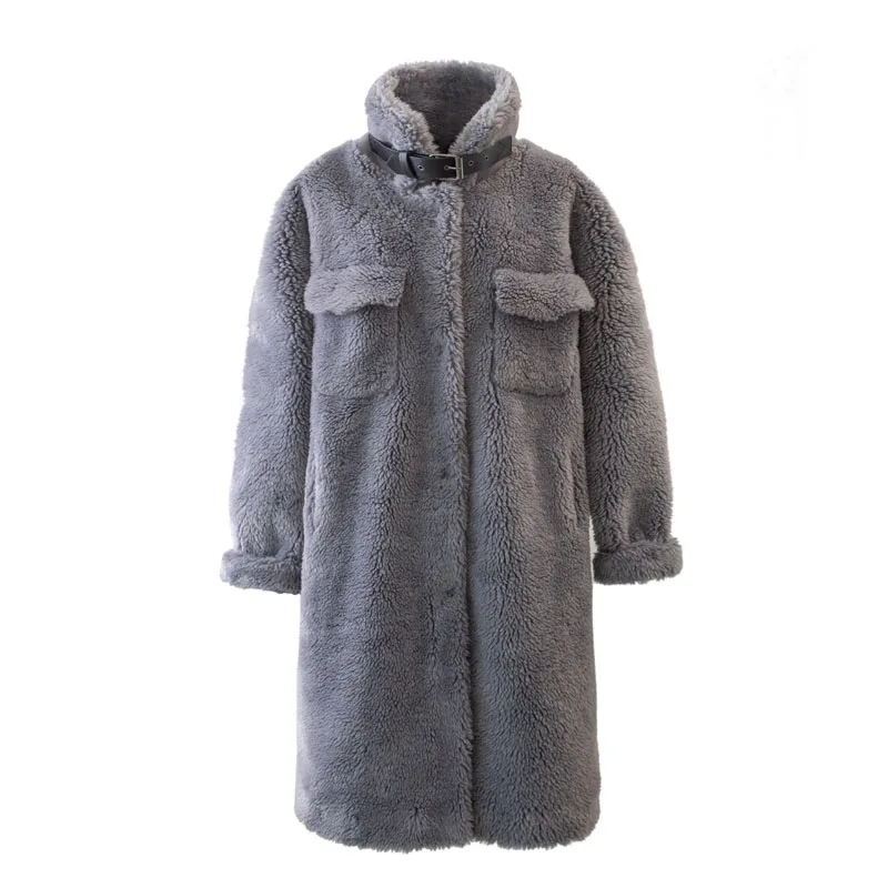 gray long teddy coat Зимний длинный плюшевый пиджак, пальто, женское эксклюзивное фиолетовое пальто из овечьей шерсти с пряжкой, элегантное плотное теплое пальто из искусственного меха, меховая верхняя одежда - Цвет: gray long teddy coat