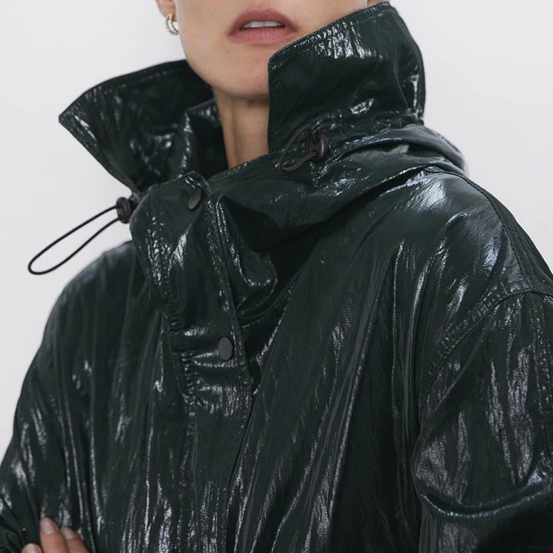 Autumn Winter Folds Glossy Long Trench Coat Female Zipper Hooded Women's Windbreaker Coats Solid Casual Outwear Casaco Feminino