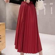 Korean PU Leather Skirts Womens Elegant Women High Waist Pleated Skirt Lady Long Skirt Women Solid Midi Skirts Faldas Mujer Moda