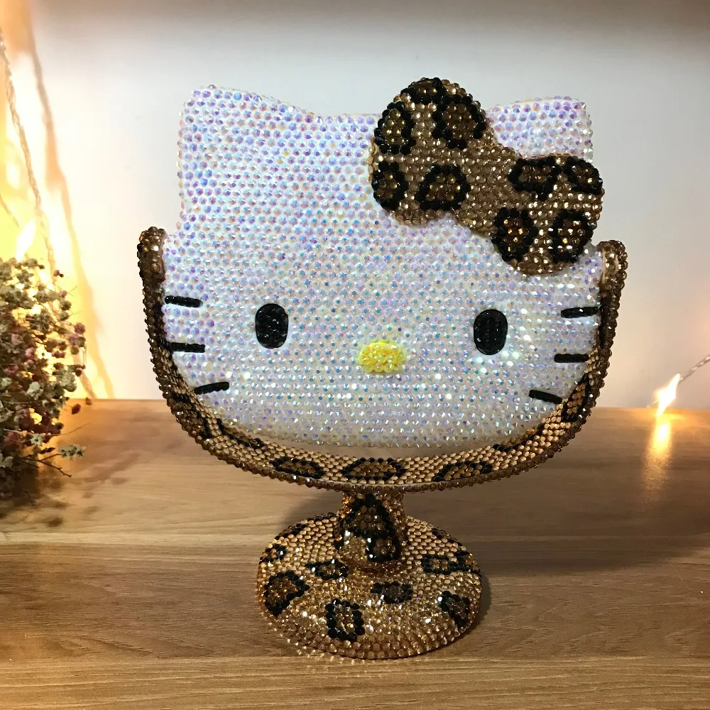 Леопардовое зеркало Стразы ручной работы для макияжа Helloo Kitty портативные