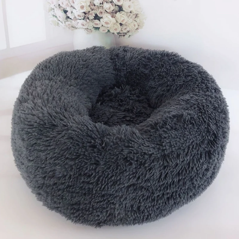 Round Plush Cat Bed House Soft Long Plush Cat Bed Round Pet Dog Bed For Small Dogs Cats Nest Winter Warm Sleeping Bed Puppy Mat - Цвет: Dark gray
