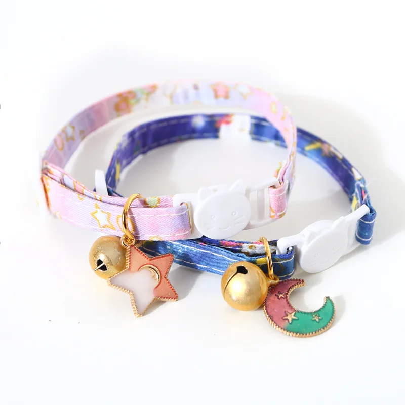 

Cat Collar Breakaway with Bell Moons Stars Patterns Adjustable Safety Kitten Collars with Charm Pink Pendants for Kitty Puppy
