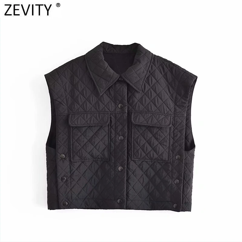 Zevity Women Vintage Pocket Patch Side Buttons Padded Sleeveless Black Vest Jacket Ladies Retro Outwear Casual Waistcoat CT742