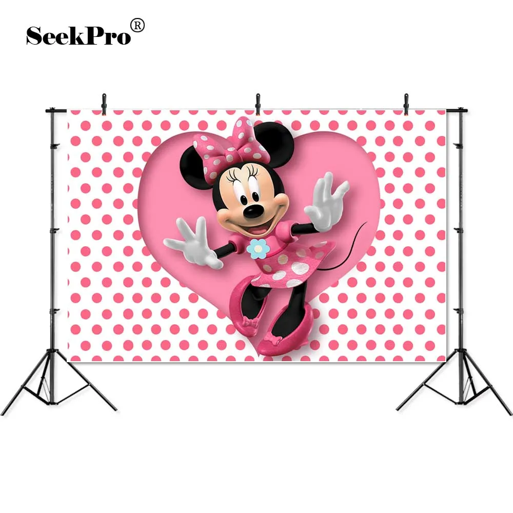 

Vinyl Pink Minnie Dance Polka Dots Love Heart Shape Custom Photo Studio Background Personalized Birthday Photo Backdrop