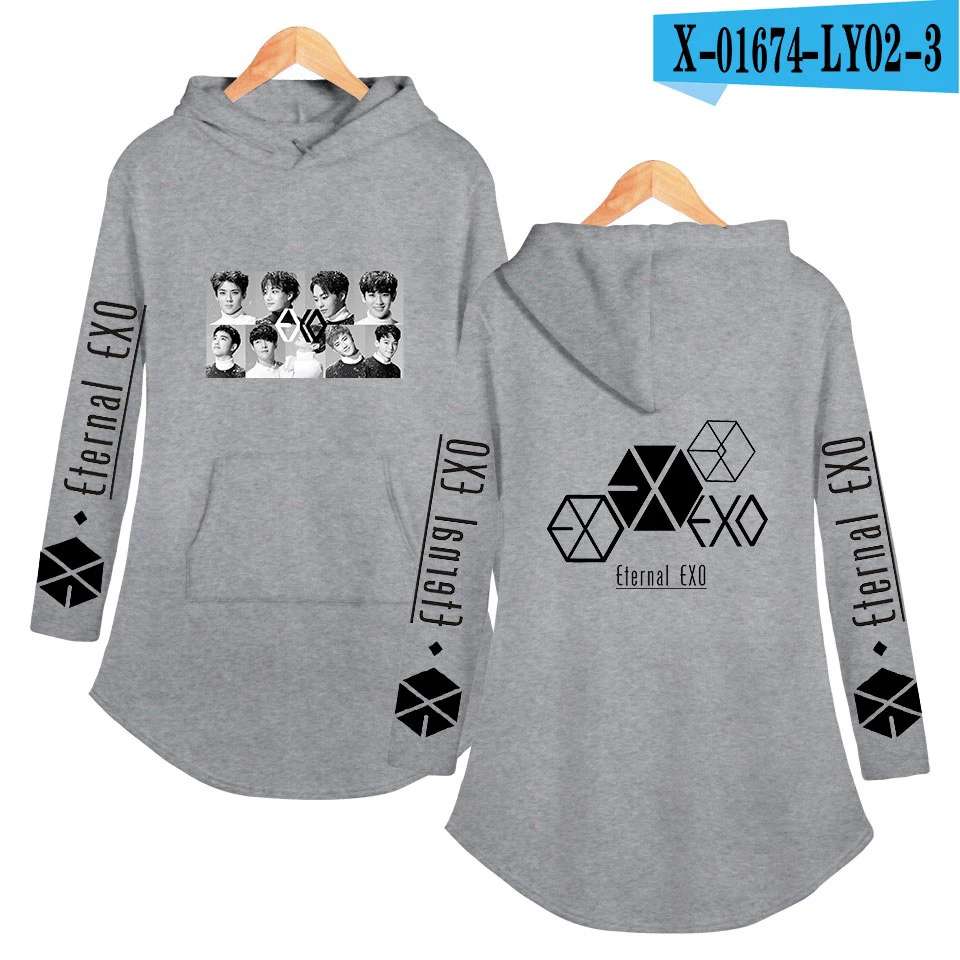 EXO Ablum Толстовка негабаритных женщин асимметричный подол воротник пальто Повседневный корейский стиль Женский сексуальные свитшоты верхняя одежда Уличная - Цвет: gray