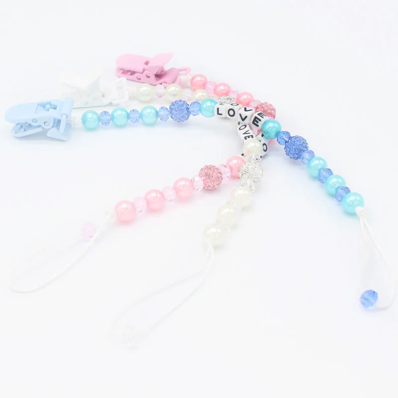 Baby Pacifier Clips Crystal Pearl Baby Pacifier Chain Anti-dropping Anti-lost Chain Infant Kids LOVE Letters Pacifier Chain