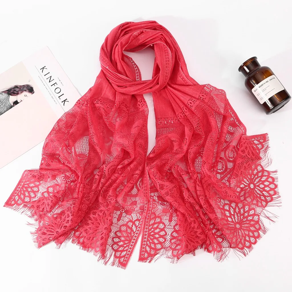 2019 Классический женский однотонный кружевной длинный шарф мусульманский хиджаб