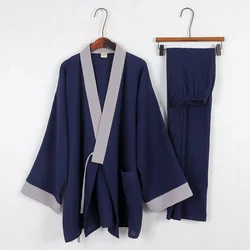 Chinese Retro Style Cotton Pajamas Pants Set Traditional Ancient Hanfu Kimono Yukata Loose Bathrobe Summer Sleep & Lounge Wear