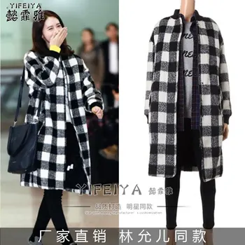 

autumn winter fashion thick plaid woolen coat women stand collar straight wool blends coat