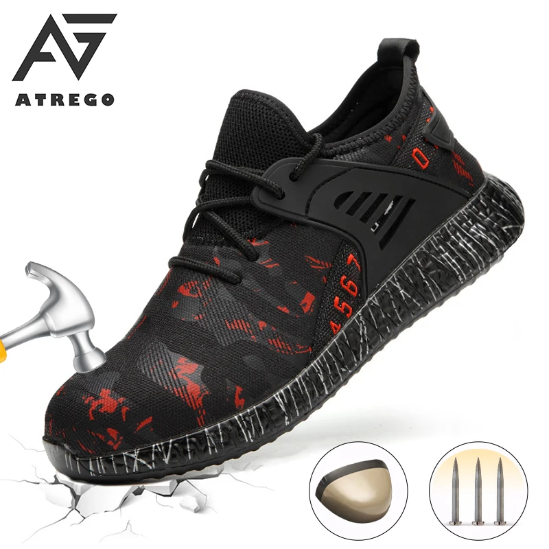 

AtreGo Men Steel Toe Cap Men Safety Shoes Work Sneakers Safety Camouflage Boot Lightweight Breathable Work Trainers Hiking Shoes