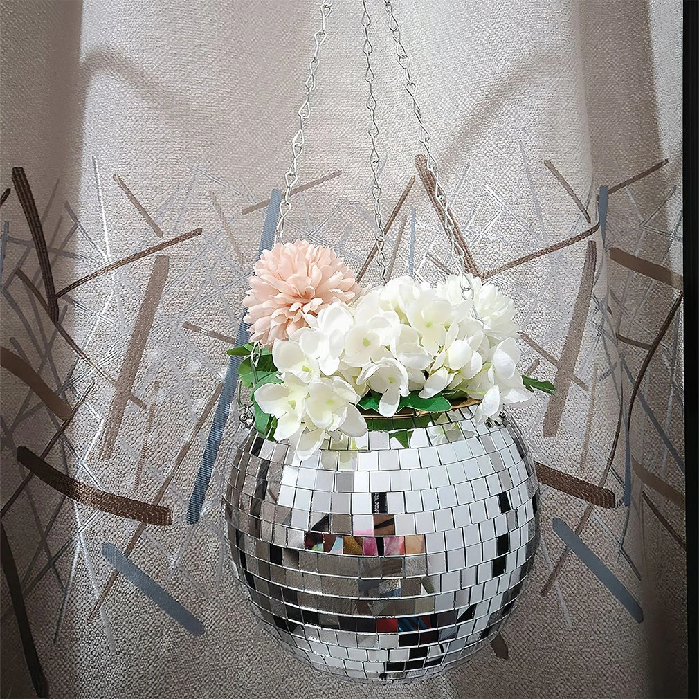 Disco Ball Hanging Flower Pot For Indoor Plants Bohemian Style Flower Planter Pots Rope Mirror Hanging Basket Garden Decor Vase