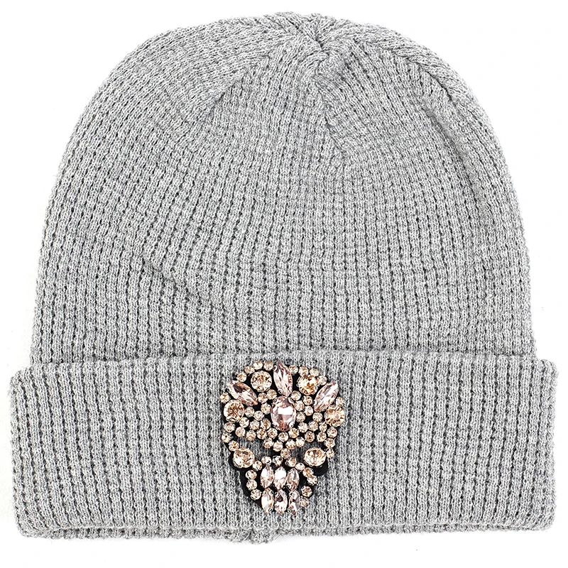 Geebro, кашемировая шапочка для взрослых с черепом, аксессуары, Осень-зима, теплая шапка с манжетой, взрослые шапочки, шапка с черепом - Цвет: pink light gray