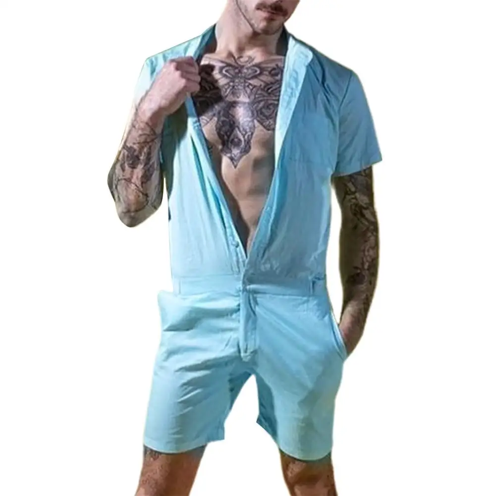 

Hot New Men Summer Sets Fashion Solid Color Short Sleeve Buttons Pockets Jumpsuit Romper Shorts Casual Beach Men's Sets 3 Colors