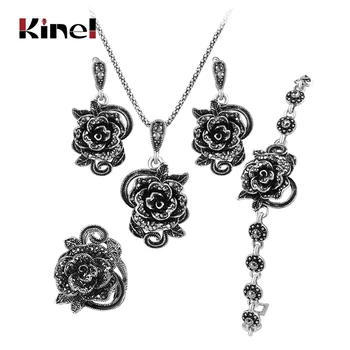 Kinel Hot Grey Crystal Roses Jewelry Set For Women Tibetan Silver Ring Necklace Earrings Bracelet Vintage Wedding Jewelry Sets