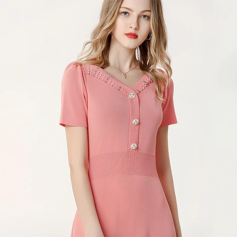 

2021 knitted Dress for women Elegant Beaded V-neck Puff Sleeve High Waist Knit Dress Ladies Midi Sweater Dress Vestidos