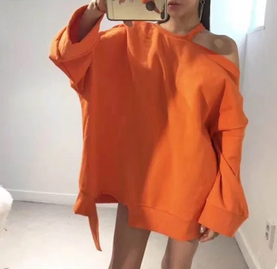 

Sexy Open Shoulder Korean Oversize Women Hoodies Korean Solid White Orange Loose Long Sleeve Plus Size Sweatshirts SA290S50