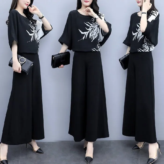 Fashion Summer Batwing Sleeve Office Casual 3Xl Plus Size Suit O-Neck Half Shirt And Wide Leg Long Pants 2 Piece Set | Женская одежда