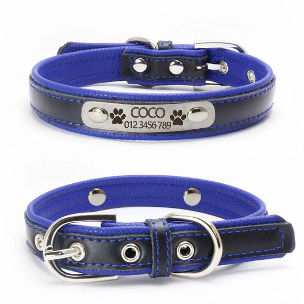 Personalized ID Tag Adjustable Dog Collar Free Engraving Custom Name Puppy Neck Buckle Strap Belt Cat Labrador Genuine Leather