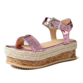 

2020 Summer Women Casual Espadrilles Trim Rivet Flatform Sandals Studded Wedge Buckle Ankle Strap Open Toe Sandals Platform
