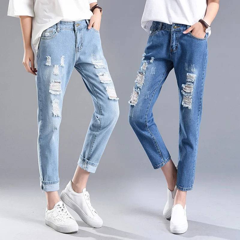 

2020 female fashion new elastic waist hole big yards jeans nine points show thin thin kind of loose leisure haroun pants
