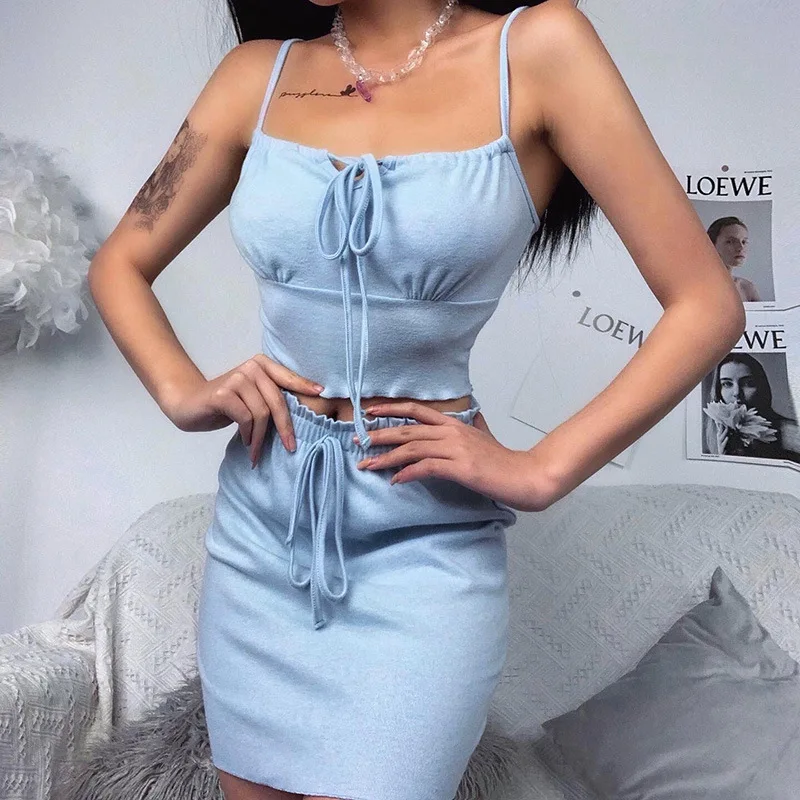 

Fashion Lace Up Drawstring 2 Piece Set 2020 Summer Women Knitted Backless Camisole Tops And High Waist Pencil Skirt Suit