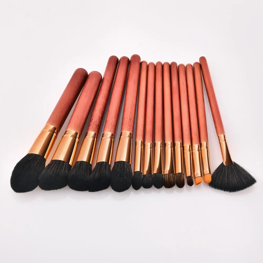 New 14 PCs Wooden Makeup Brushes Set Hot Selling Red Wood Portable Multifunctional Cosmetic Makeup Brush Make Up Tools