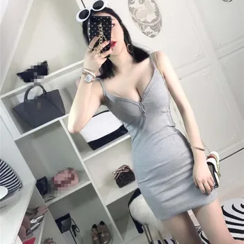 

2018 New Style Sexy V-neck Low-Cut Camisole Women's Slim Fit Sheath Strapped Dress 5254h425