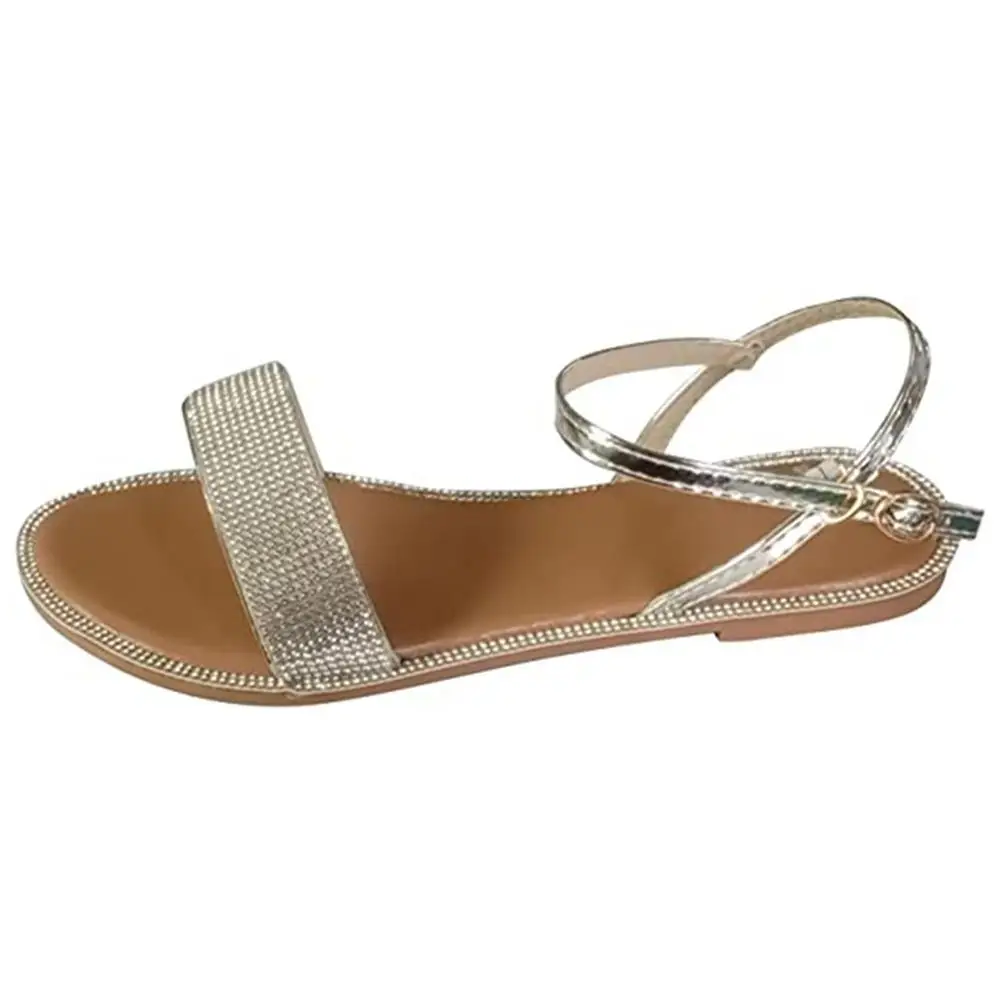 lady Rhinestone Sandals Summer Low-heeled slippers metal rear buckle Round toe shoes woman Casual party banquet Sandals
