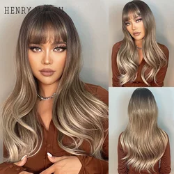 HENRY MARGU Long Synthetic Wavy Natural Wigs Ombre Brown Blonde Heat Resistant Wig with Bangs for Women Cosplay Lolita Party