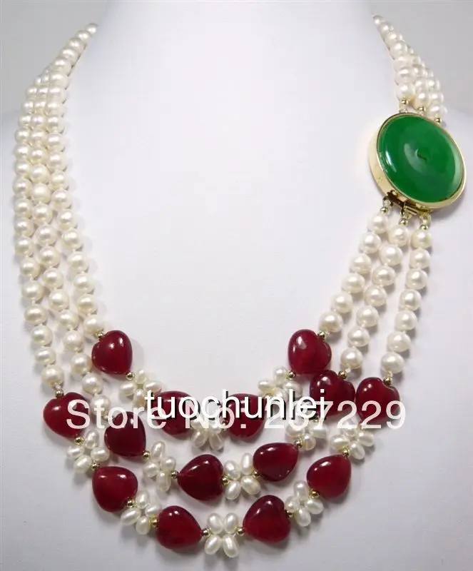 HOT## Wholesale price FREE ^^^^Noblest 7-8mm White Akoya Cultured Pearl Ruby 18K GP Green Jade Clasp Necklace | Украшения и